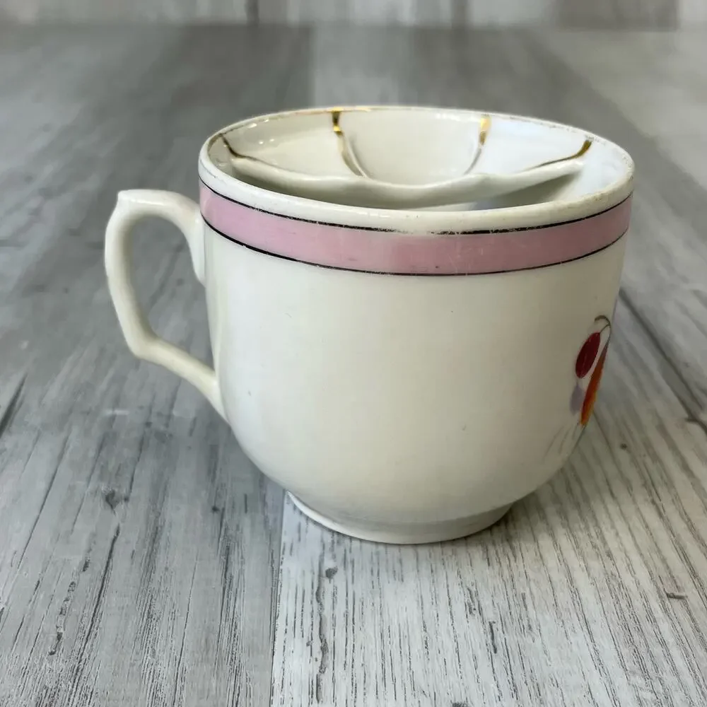 Vintage White Fruit Accent Gold Trim Mustache Mug Cup Decor